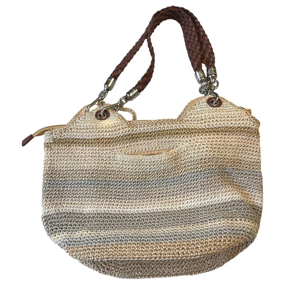 The Sak Crochet Neutral Stripes Coastal Bag with Faux Leather Braided Handles - Picture 2 of 10